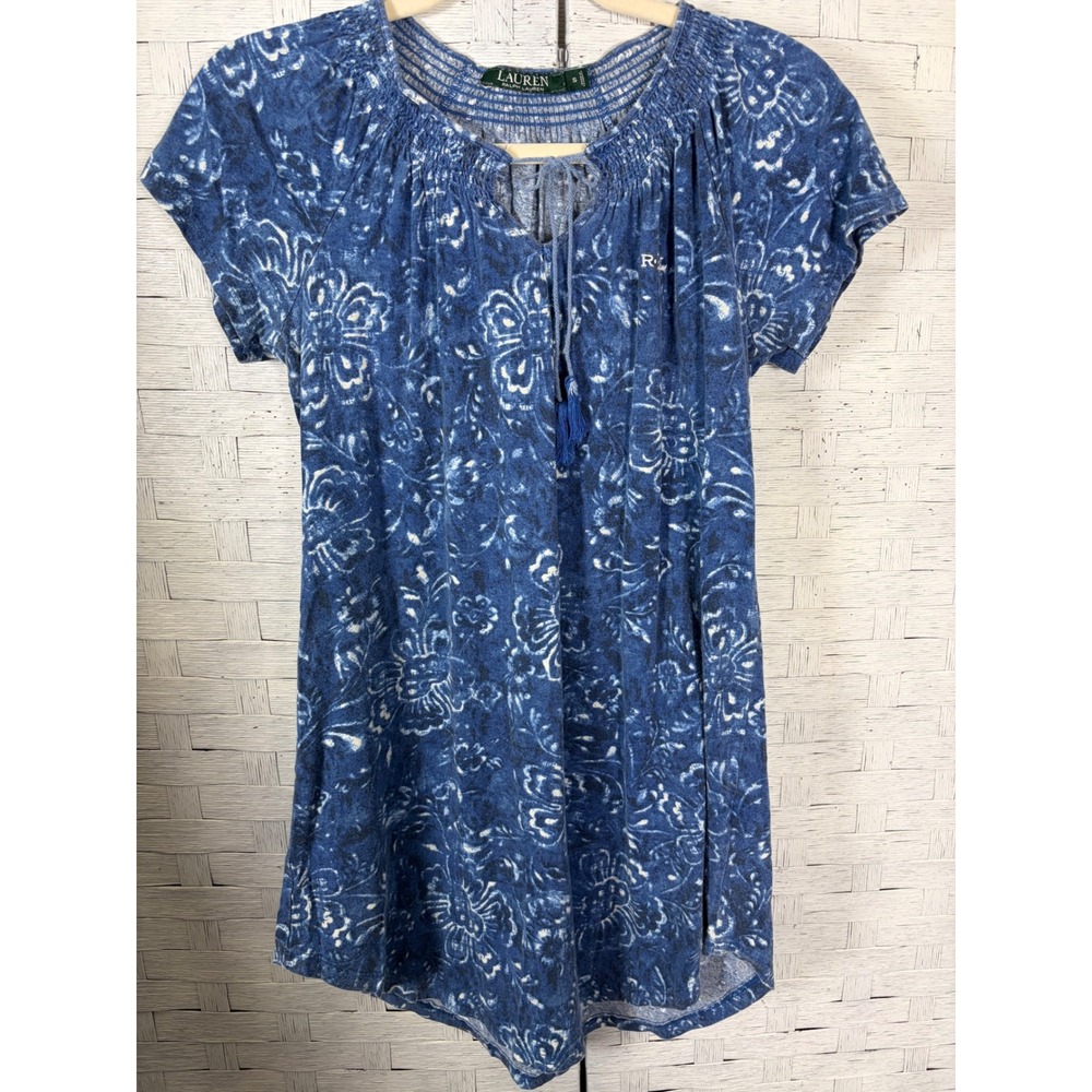Lauren Ralph Lauren Womens Tunic Top Blue Floral Cotton Smocked Tassel‎ 8161260T